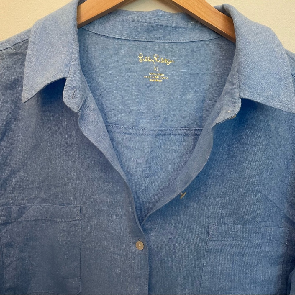 Lilly Pulitzer Blue Linen Long Sleeve Button Down Shirt Crochet Trim Size XL - Picture 4 of 8